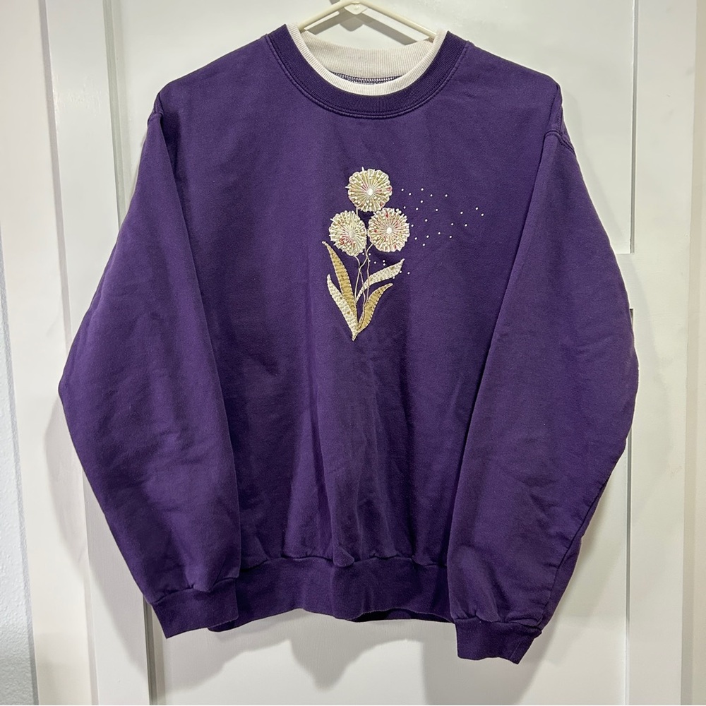 Vtg Top Stitch by Morning Sun Embellished Floral Double Collar Purple Sweatshirt